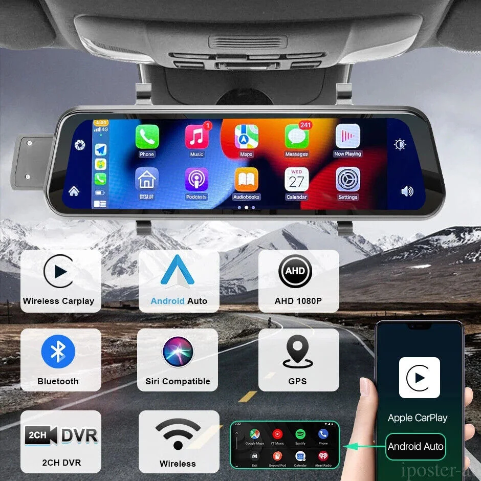 9.66" Touch Screen Car Dual Lens DVR Wireless Carplay Android Auto Screen Dash Cam GPS Navigator with 32GB TF Card