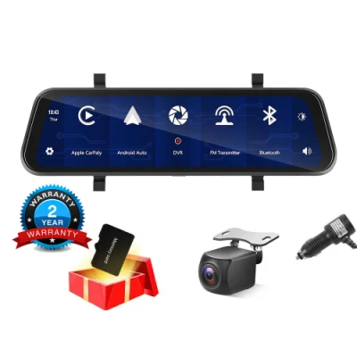 9.66인치 터치 스크린 자동차 듀얼 렌즈 DVR 무선 Carplay 안드로이드 자동 화면 대시 캠 GPS 네비게이터(32GB TF 카드 포함)